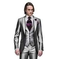 SZMANLIZI MALE COSTUMES 2022 New Style Shiny Silver Peaked Lapel Groomsmen Best Man Wedding Suits For Men Slim Fit Groom Tuxedos