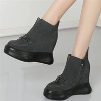 fashion sneakers women genuine leather wedges high heel vulcanized shoes female high top round toe chain trainers casual shoes