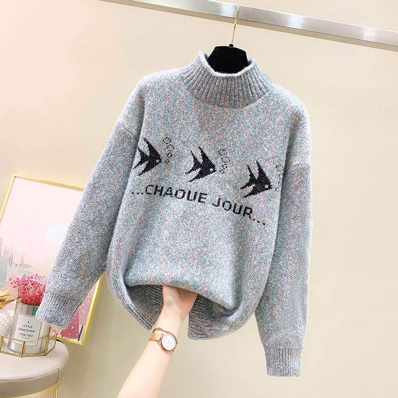 

Осень-зима 2021, новинка, Женский однотонный вязаный свитер WEIHAOBANG, пуловер с высокой горловиной и длинным рукавом, вязаный свитер