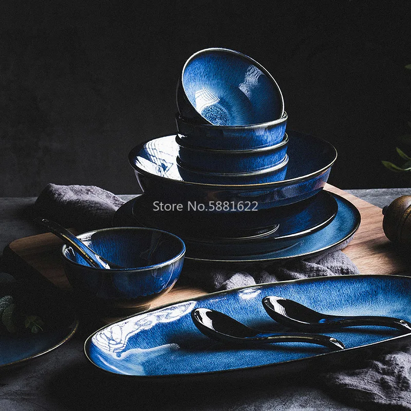

2Person Dinnerware Set Japanese Blue Tableware Set Retro Household Bowl Dish Rice Bowl