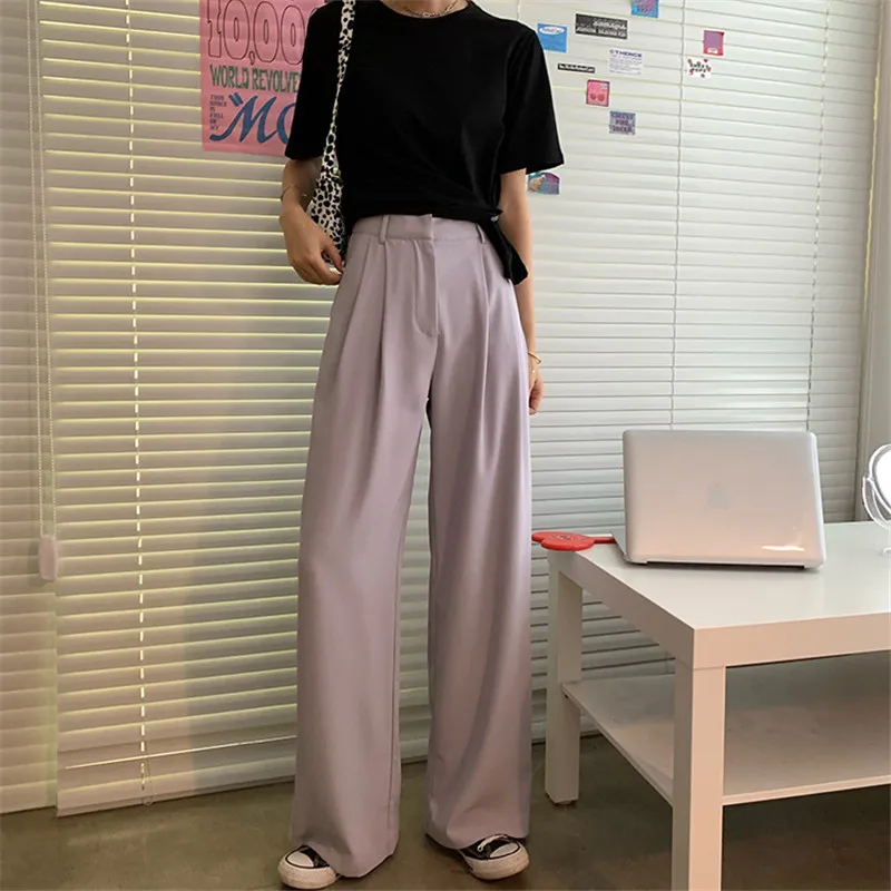 

HziriP Hot Selling High Waist Wide Leg Pants Women Suit Pants Solid Loose Summer Straight Full Length Trousers