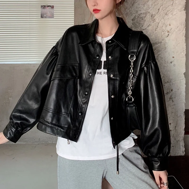 

2021 New Ladies Spring Black Faux Leather Jacket Women Punk Style High Street Women Motorcycle Jacket Short Loose Design Coat