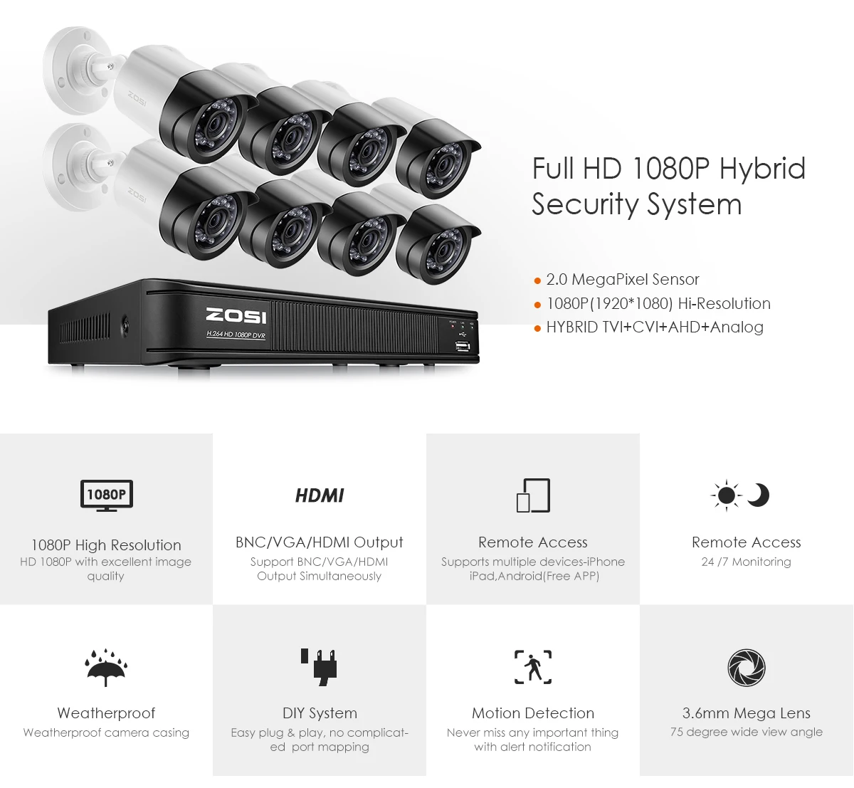 ZOSI 8CH 1080P TVI ночного видения водонепроницаемый пуля HDD жесткий диск безопасности видео камера DVR комплект CCTV система видеонаблюдения