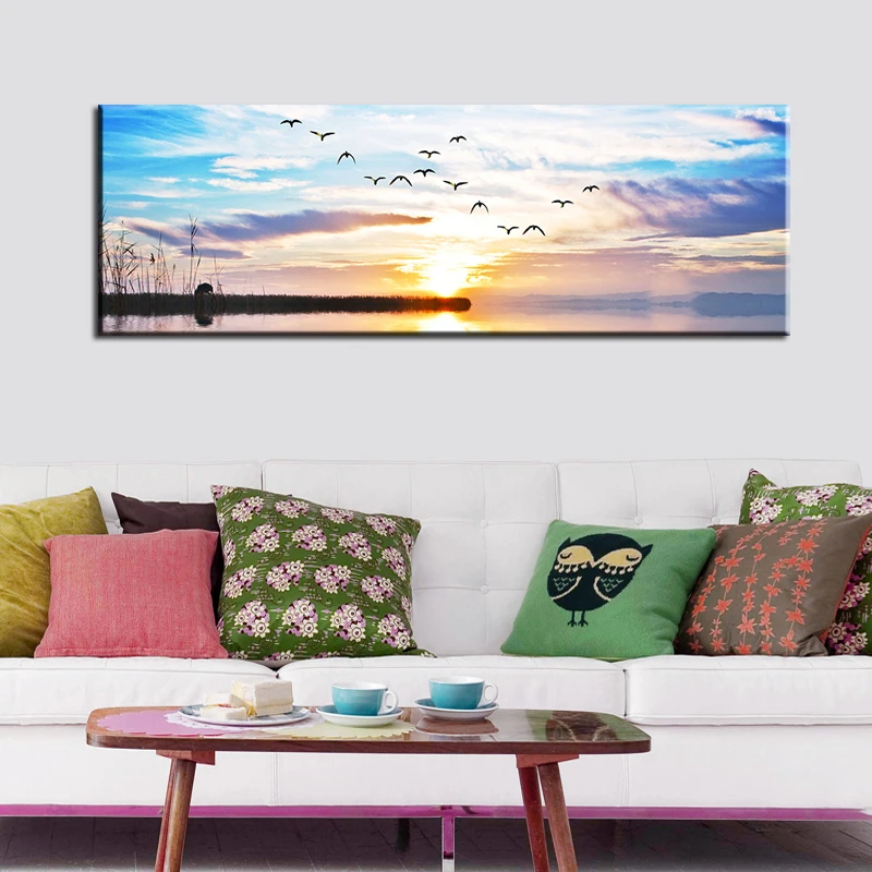 

HD Print Sunsets Natural Lake Flying Birds Landscape Canvas Painting Posters and Prints Wall Art Picture for Living Room Decor