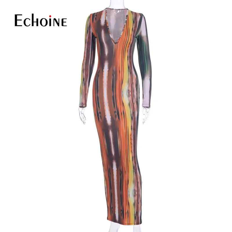 

Echoine 2021 Tie Dye Stripe Print Sexy Maxi Dress Women Spring Fashion Vestidos Night Club Party Long Sleeve Bodycon Dresses