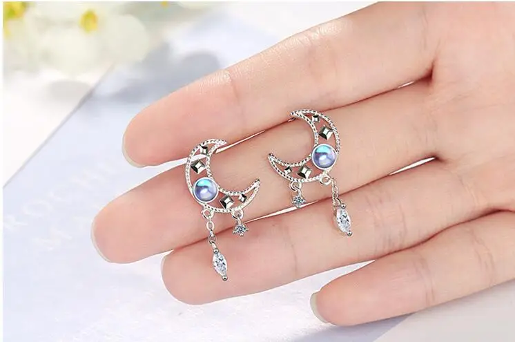

925 Sterling Silver Tassel Moonstone Moon Drop Earring For Women Girls Gift Brincos Female pendientes eh1397