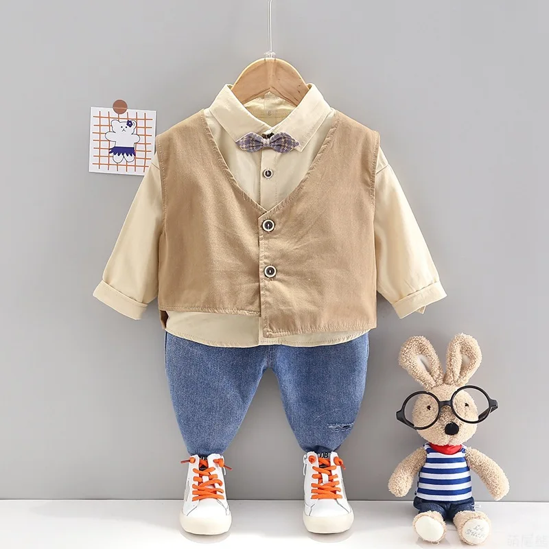 

3 Pieces/set Casual Children's Clothing Sets Baby Boys Solid Color Waistcoat Long Sleeve Shirts Pants Kids Outfit Set Ropa Bebe