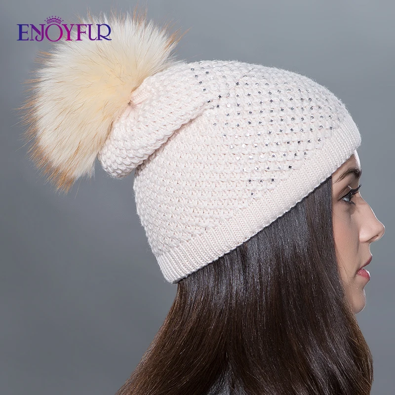 Женщины меховая шапка для зимней трикотажной шерсти шапочки пушистого меха