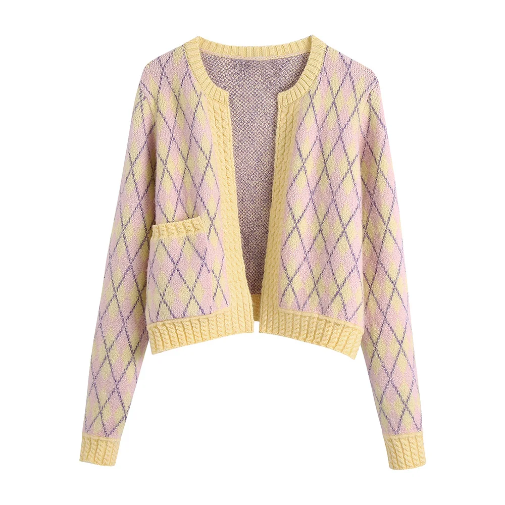 

Open Stitch Cropped Cardigan Long Sleeve Crew Neck Casual Sweater Women 2021 Preppy Style Argyle Jacquard Knitted Cardigans