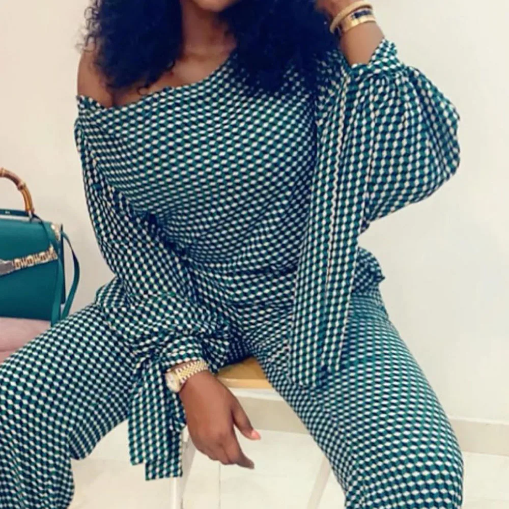 Jumpsuit Autumn Women 2020 Green One Shoulder Sexy Rompers Long Lantern Sleeve High Waist Female Striped Jumpsuits |