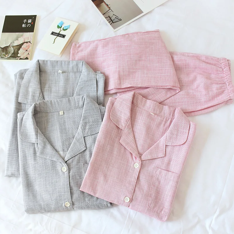 

237 Summer 100% Cotton Solid Thin Girls Pajamas Set Leisure Sleepwear For Women Nightwear Long Sleeve Pant Men Homewear Suit