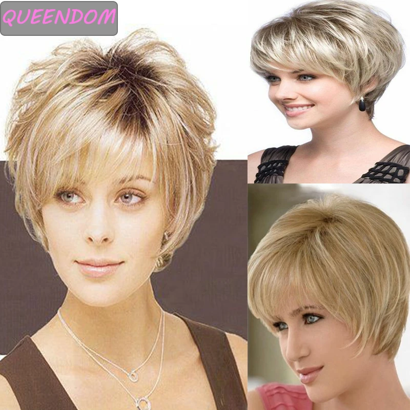 

Flax Ash Gray Pixie Cut Short Wigs Ombre Highlights Straight Hair Wig with Bangs Synthetic Heat Resistant Cosplay Wig for Women
