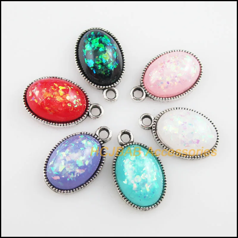 

18 New Oval Flower Resin AB Shivering Mixed Charms Tibetan Silver 12x19mm