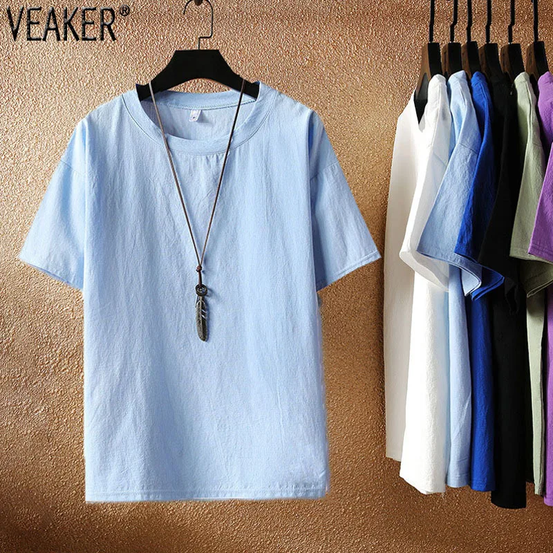 

Новинка 2021, мужские летние футболки из хлопка и льна, однотонная дышащая футболка с круглым вырезом и коротким рукавом, женские топы