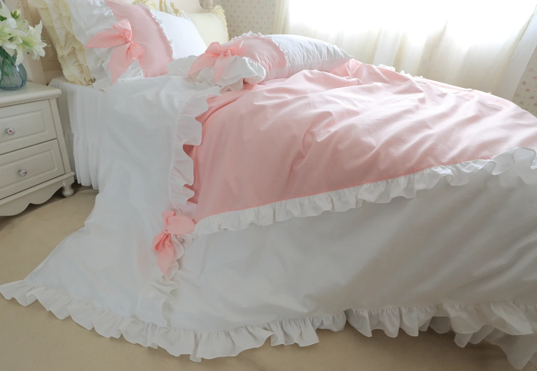 

Princess bedding set pink white splice queen size ruffle lace double duvet cover yarn bedspread bowknot bed pillow case HM-01P