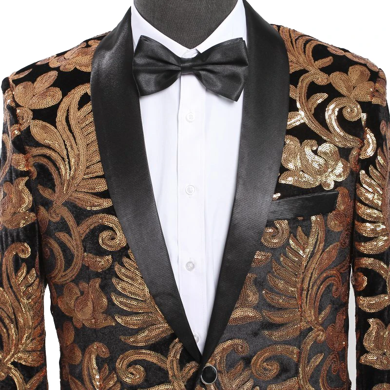 Мужской блейзер с лацканами черный бархатный золотыми цветами и блестками
