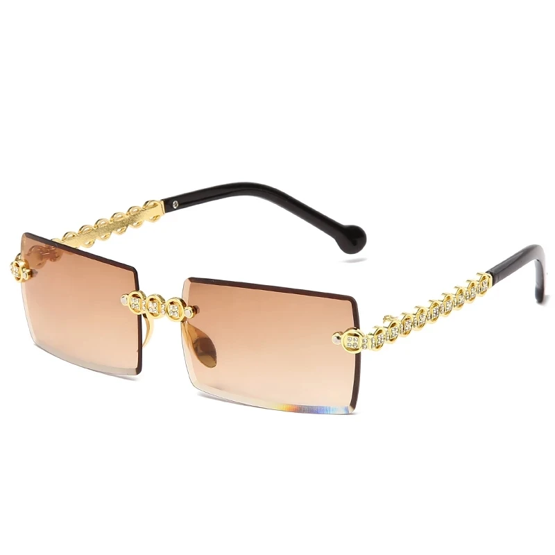 

New Fashion Rimless Rectangle Sunglasses Luxury Diamond Shades Brand Design Women Small Square Metal Sun glasses UV400 Eyewear