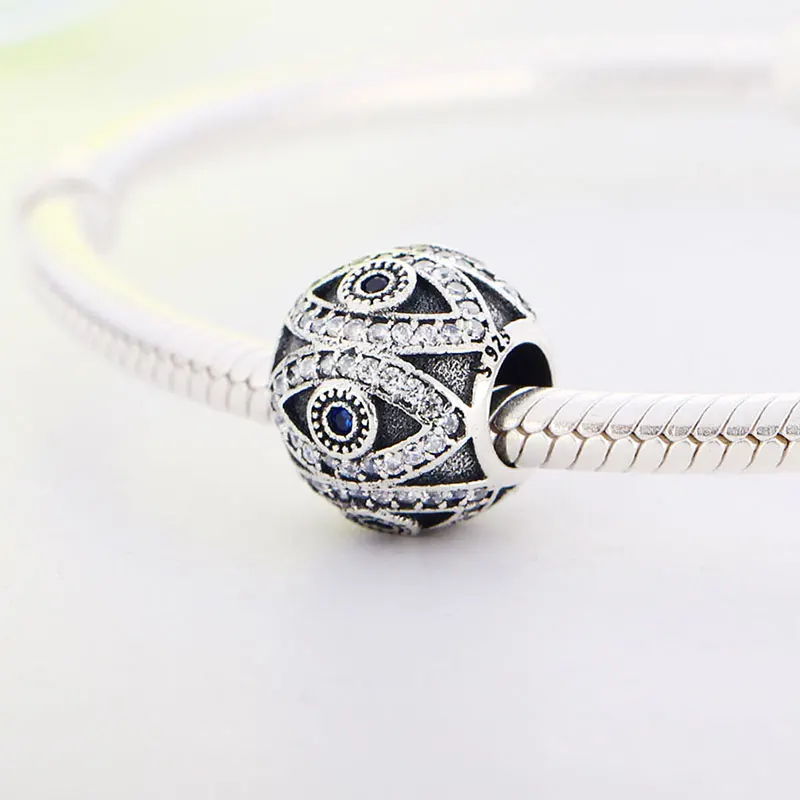 Бусина из серебра 925 пробы с синим цирконием от сглаза подходит для оригинального