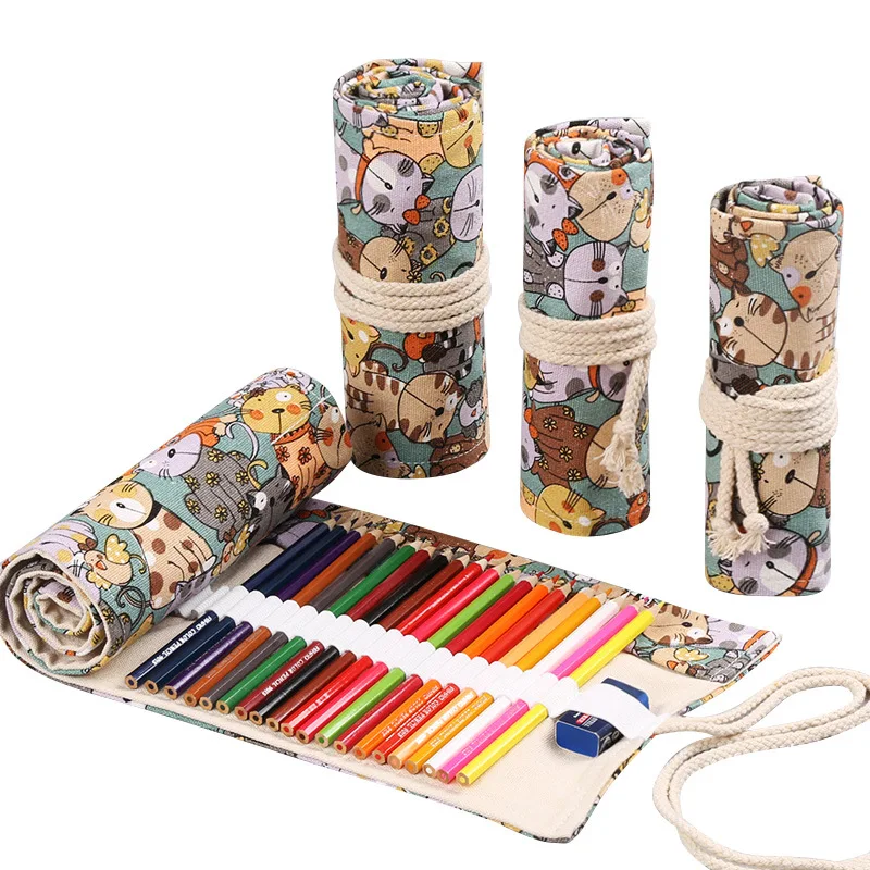 

Kawaii Cat School Pencil Case Roll Penal Korean 12/24/36/48/72 Holes Pencilcase for Girls Boys Large Cartridges Stationery Kit
