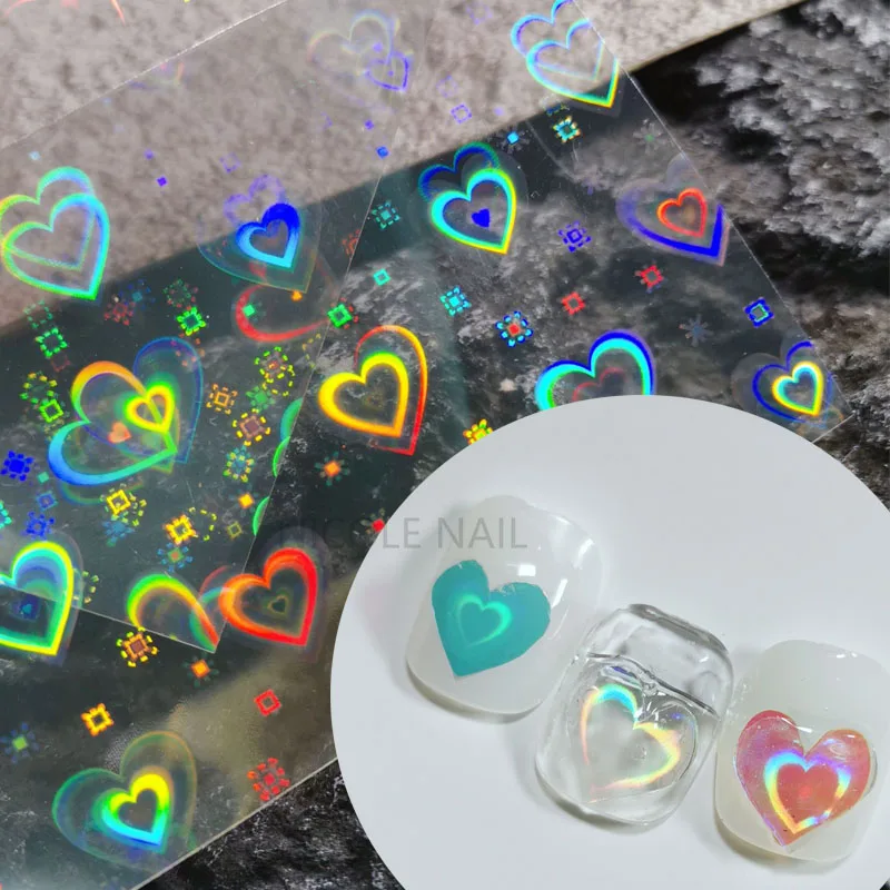 

2 Sheets Holographic Heart Nail Art 3D Stickers Gradient Laser Self-adhesive Flashing Love Nails Decals Manicure Decoration