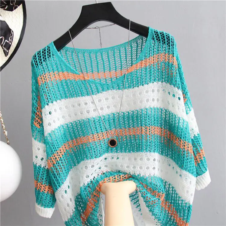 

Korean V-neck Bat Sleeve Thin Knitted Sweater Female Half Sleeve Rainbow Striped Printed Crochet Sunscreen Pullover Blouse
