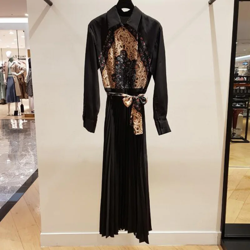 Robe Longue Plissee femme Col классическое черное миди-платье женское Плиссированное с
