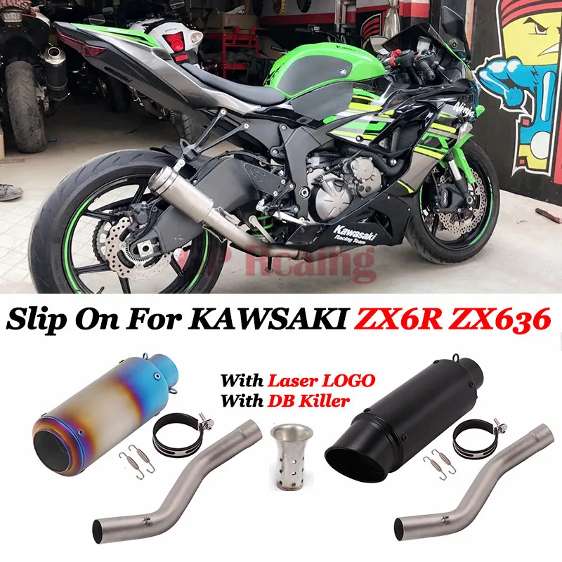 Slip on For Kawasaki Ninja ZX6R ZX636 ZX-6R Motorcycle Full GP Exhaust System Muffler Pipe DB Killer Escape Moto Laser LOGO