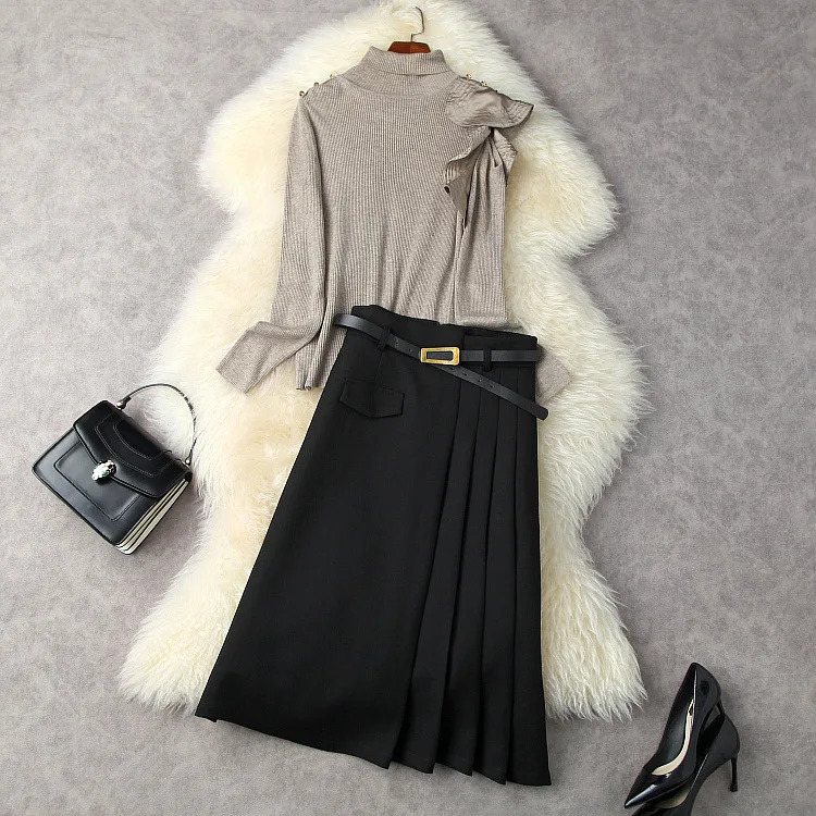 

Женская одежда в европейском и американском стиле зима 2022 Новинка вязаный свитер с длинным рукавом плиссированная юбка с поясом модные кос...
