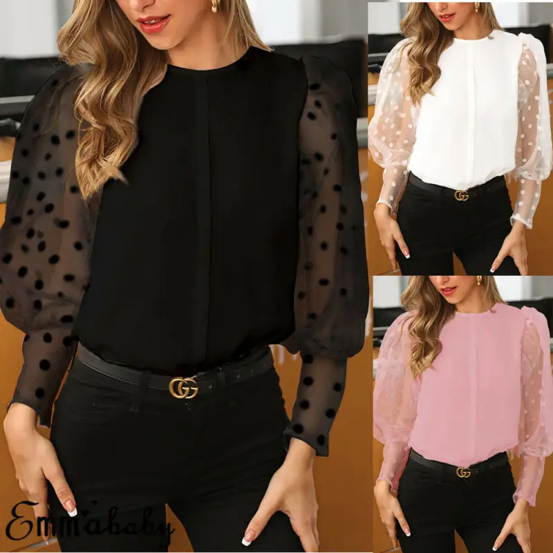 

US Fashion Womens Sheer Mesh Lantern Long Sleeve Shirt Tops Loose Casual Blouse