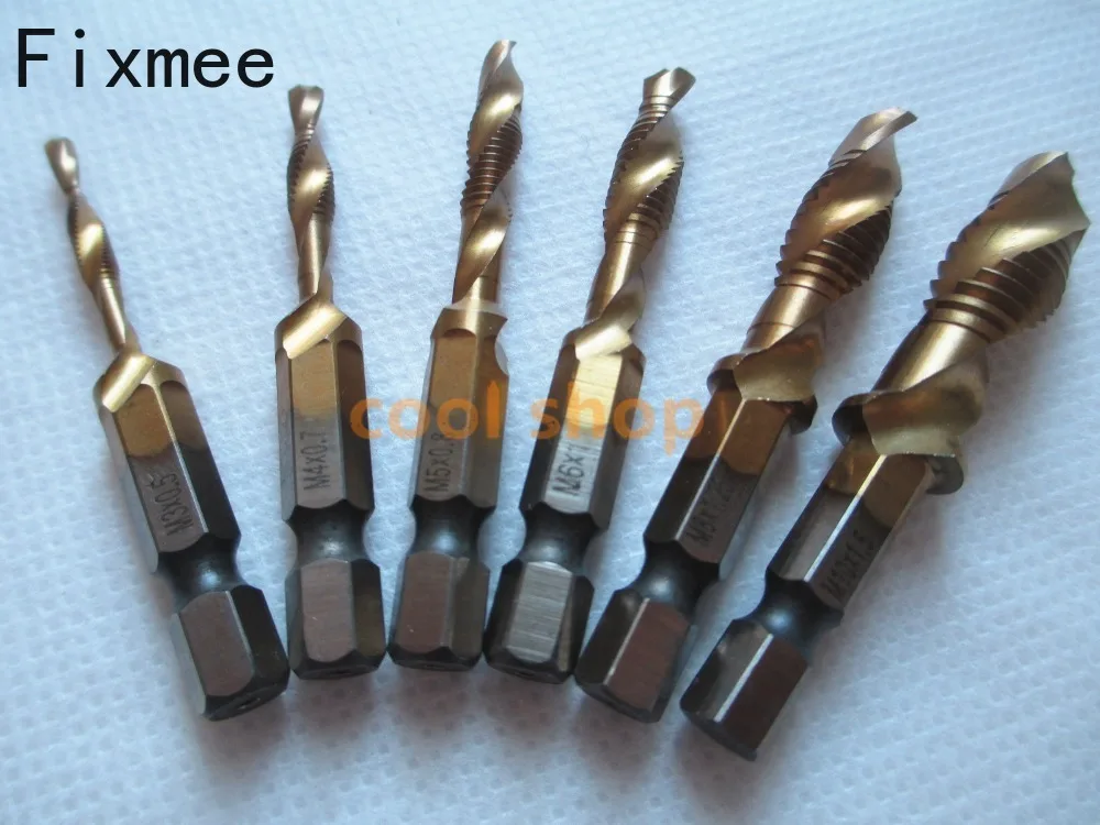

6PCS M3-M10 Screw Tap Drill Bits HSS Taps Woodworking Metric Combination Bit High Speed Steel Titanium 1/4" IN Quick Change Hex
