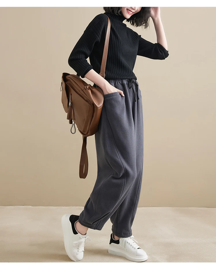 Winter New Trendy Warm Fleece Thick Oversize Loose Casual Trouser Women Solid Color Elastic Waist Versatile Premium Sweatpants