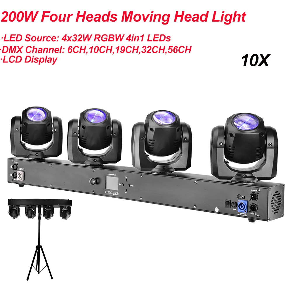 10Pcs/Lot High quality 4x32W LED Four Heads Moving Head Light DMX512 LED Beam Club DJ Disco Party Lighting KTV Lamps RGBW Beam