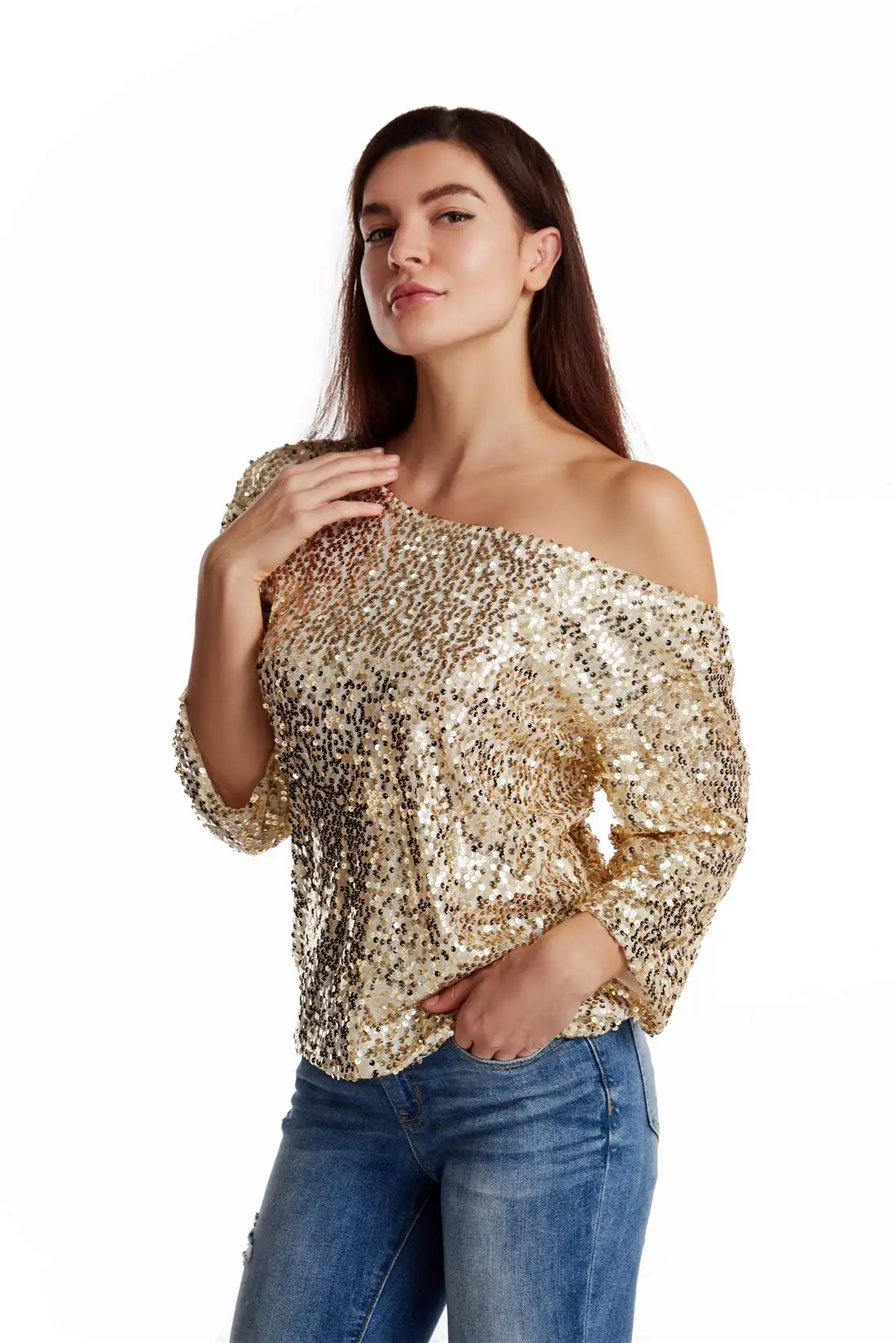 Женская блестящая блузка с открытыми плечами и блестками Классическая модная