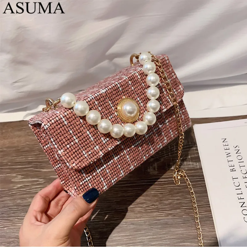 Красочный Жемчуг сумки через плечо для женщин 2019 зимние твидовые маленькие