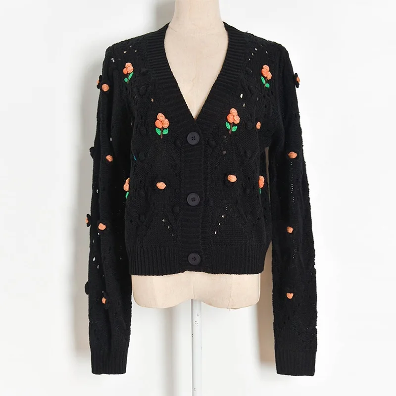 

Cute Crop Cardigan Sweater Coat 2020 Autumn Winter Hand Hook 3D Floral Appliques Hollow Out Cardigan Women Fall Knitwear Tops
