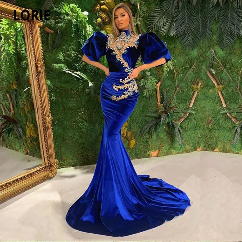 LORIE Arabic Evening Dresses Gold Appliques Beaded Velvet Mermaid Prom Gown Blue Celebrity Party Dress vestido de fiesta largo (0)