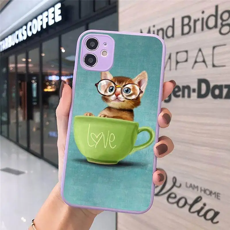 

Cartoon cute cat animal Phone Case Matte transparent For Purple iPhone 12 Mini 11 Pro XR XS Max 7 8 Plus X Back Cover