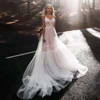 sexy wedding dress spaghetti straps v neck backless pink long bridal dress boho tulle lace applique wedding gown