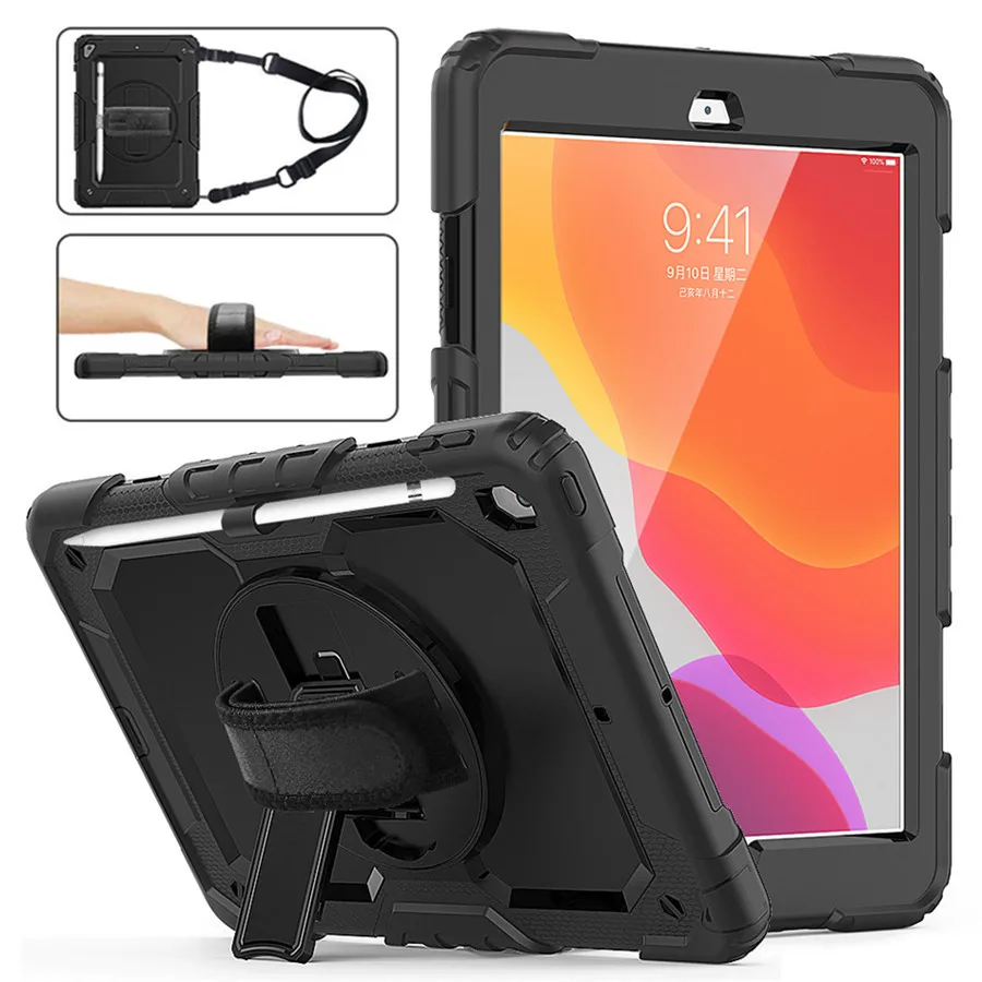 

For iPad 7 7th 8 8th Gen Case 360 Rotating Stand Hand Strap Pencil Holder Cover for iPad 10.2 2020 Funda Protective Case + Strap