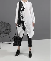 korean style 2022 woman long sleeve white print shirt dress painting straight lady casual midi dress loose robe femme