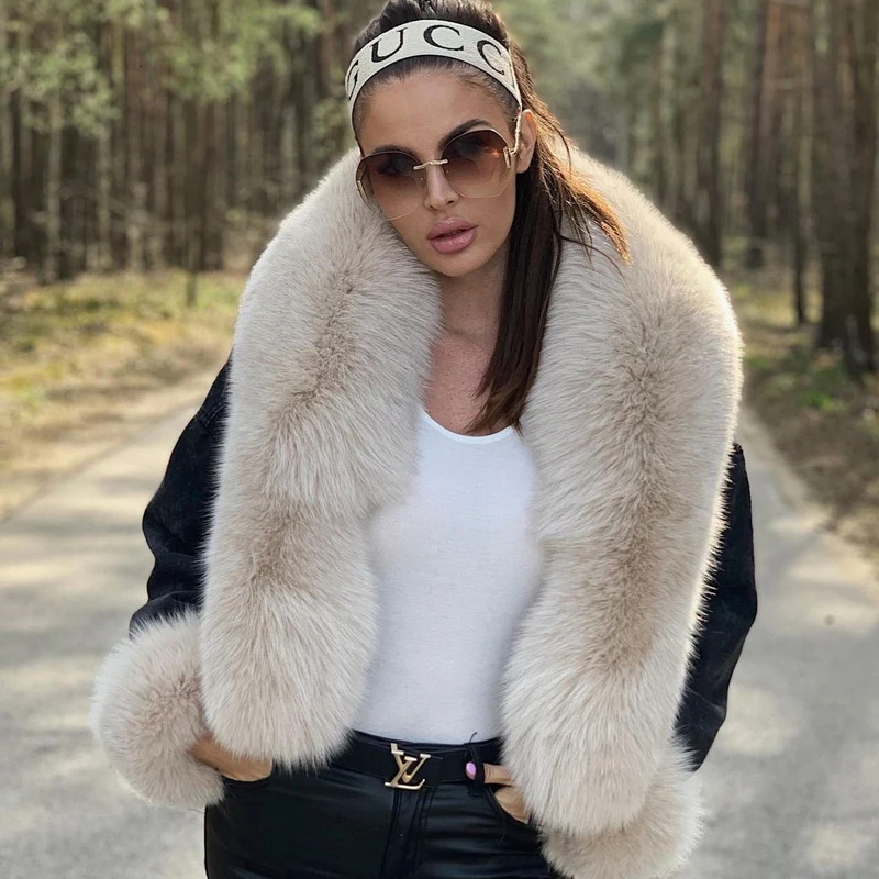 BFFUR Real Fur Coats Women Winter 2022 New Denim Jacket With Big Fox Fur Trun-down Collar Overcoats Luxury Natural Fur Outwear