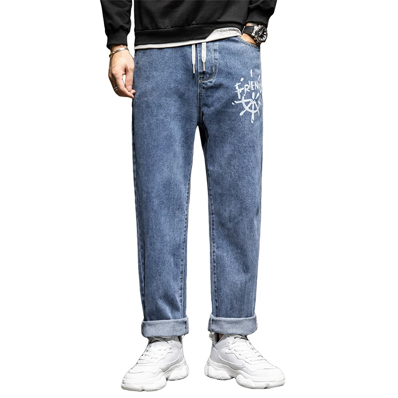 

Wide Leg Jeans Men Pants Loose Fit Baggy Straight Cut Blue Printed Pattern Designer Full Length Casual Elastic Waist Drawstring