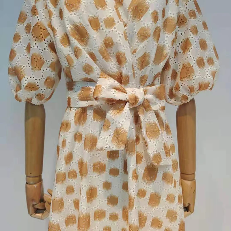 

VGH Yellow Lace Up Bowknot Dress For Women V Neck Puff Half Sleeve High Waist Korean Mini Dresses Female Summer Fashion Clothing