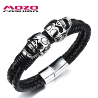 fashion bangle men bracelet stainless steel skull black braided rope leather chain punk rock style male jewelry ps2080