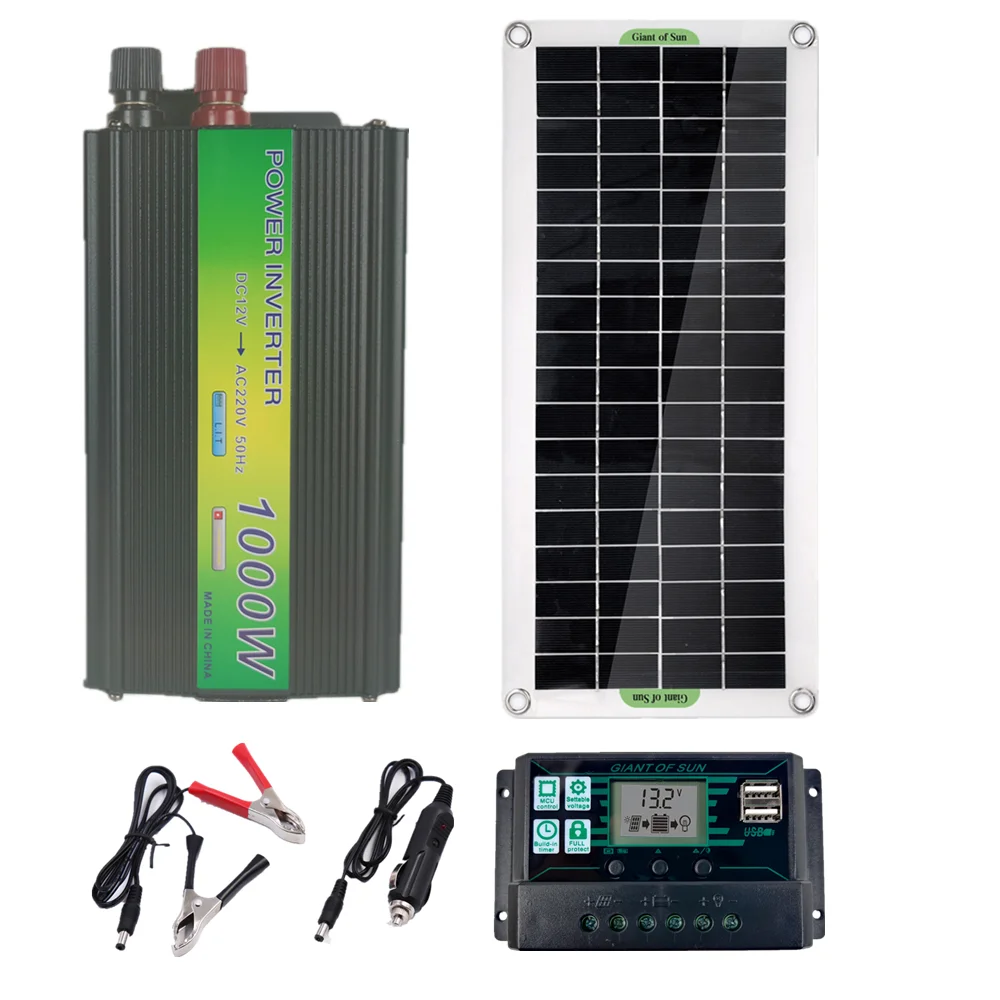 

220V Solar Power System 30W Solar Panel Battery Charger 220/1000W Inverter USB Kit Complete Controller Home Grid Camp Phone PAD