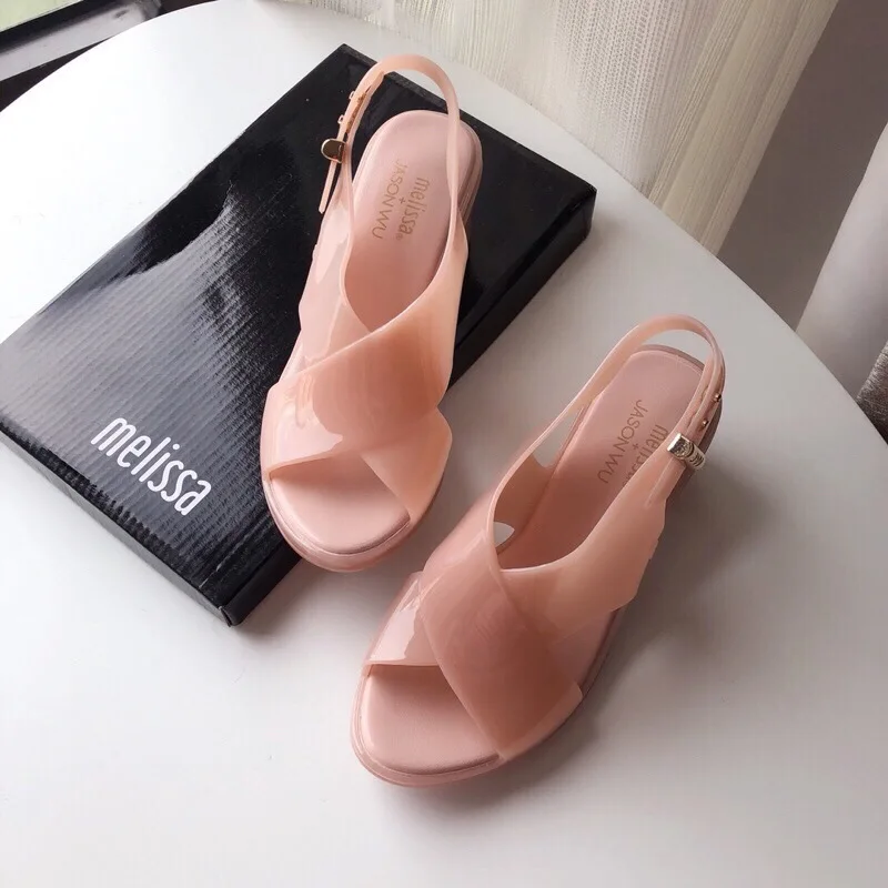 

Melissa Clear Heels Slippers Women Summer Sandals Fashion Transparent Coarse-Heeled Jelly Shoes High Heels Candy Shoe SM055