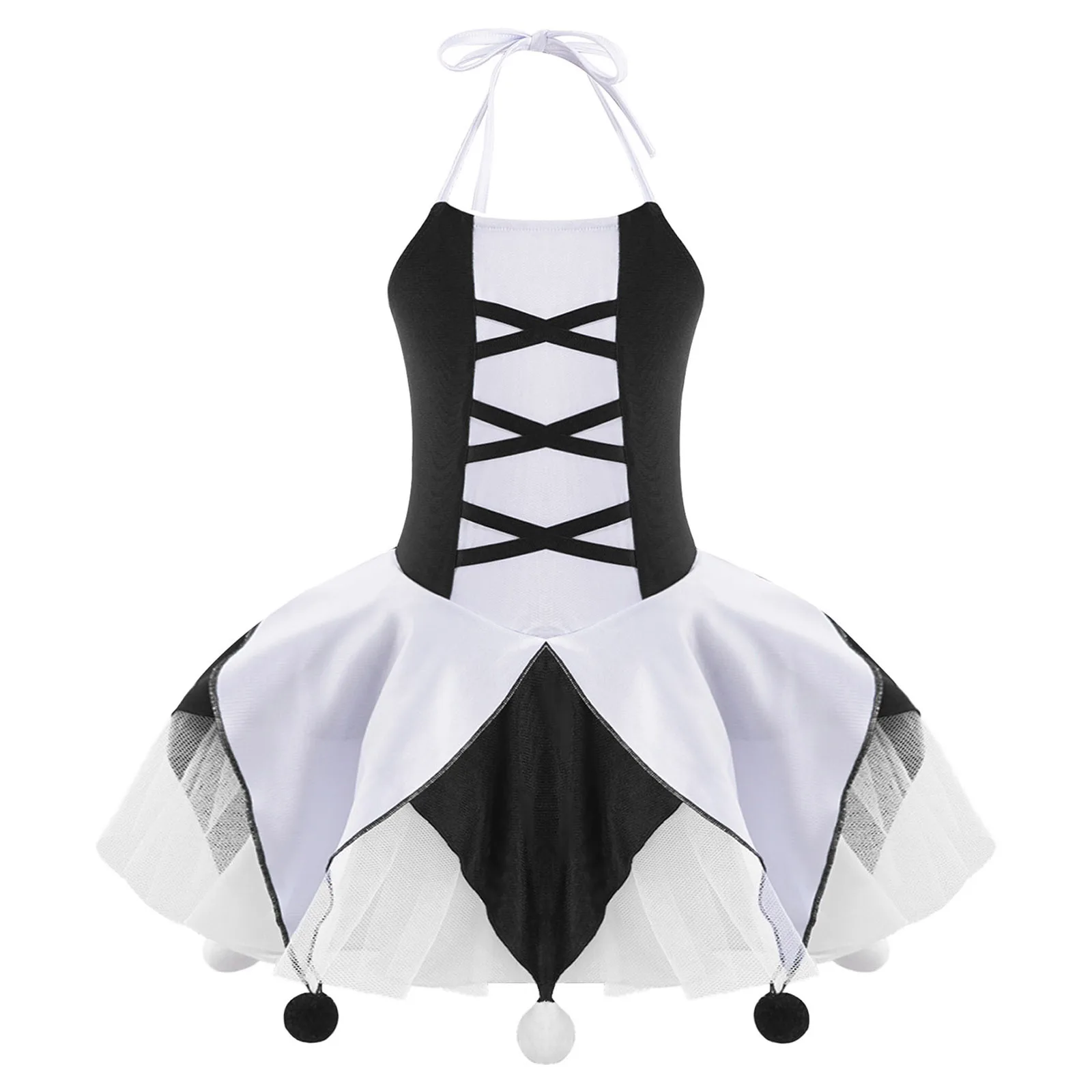 

Halloween Cosplay Clown Tutu Dress Kids Girls Stage Performance Fancy Dress Up Princess Leotard Dress Pompoms Adorned Costume