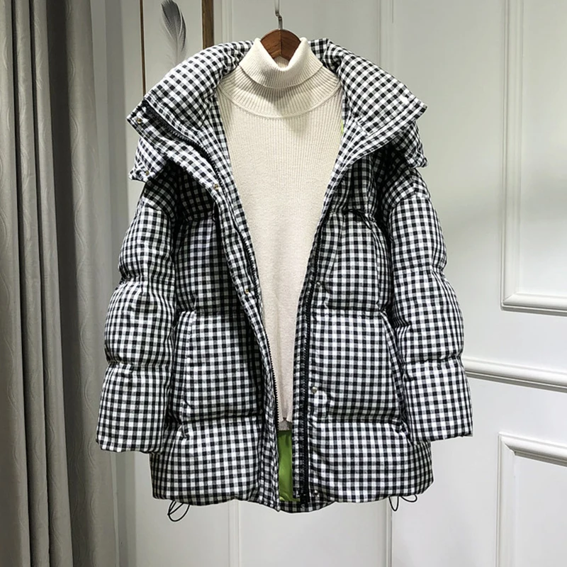 

Trendy New Winter Puffer Coat Women 90% White Duck Down Jacket Thick Warm Plaid Hooded Parkas Batwing Sleeve Snow Outwear