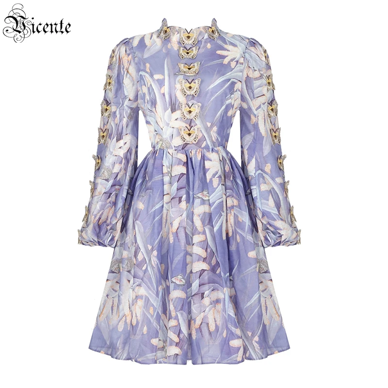 

VC Women'S Dress Vintage Applique Butterfly Design Puff Sleeve Long Sleeve Stand Collar Short Printed Dress