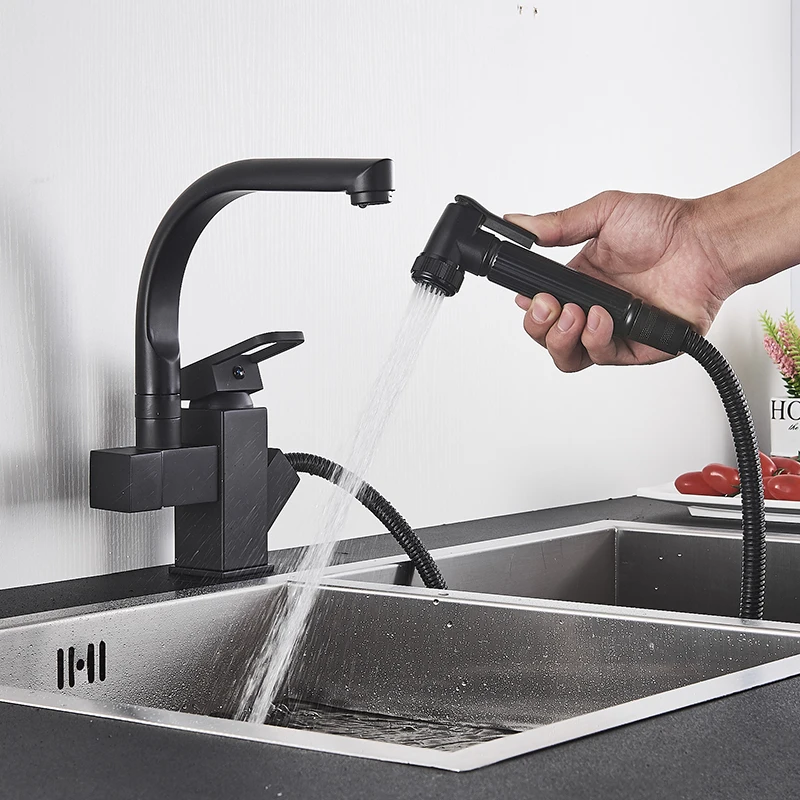 Матовый черный кухонный смеситель для раковины с выдвижным распылителем